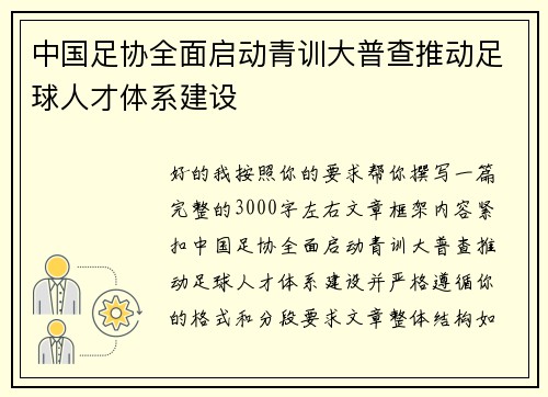 中国足协全面启动青训大普查推动足球人才体系建设