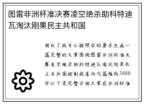 图雷非洲杯准决赛凌空绝杀助科特迪瓦淘汰刚果民主共和国 图雷非洲杯准决赛凌空绝杀助科特迪瓦淘汰刚果民主共和国