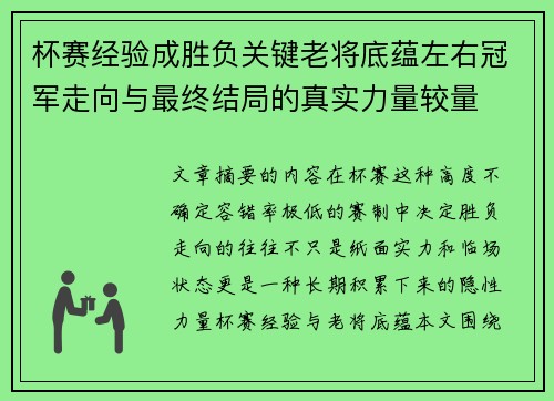 杯赛经验成胜负关键老将底蕴左右冠军走向与最终结局的真实力量较量
